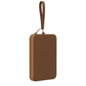 Custodia portatile in pelle marrone con cerniera e cinturino, design elegante e compatto, ideale per proteggere dispositivi elettronici.