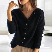 Maglione donna blu scuro con bottoni, scollo a V, maniche lunghe, stile casual elegante, perfetto per autunno e inverno.