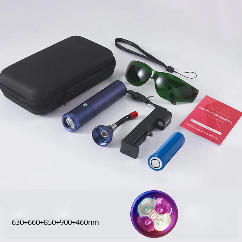 Kit torcia laser portatile con occhiali protettivi, batteria ricaricabile, custodia, manuale e accessori. Lunghezze d'onda: 630+660+850+900+460nm.
