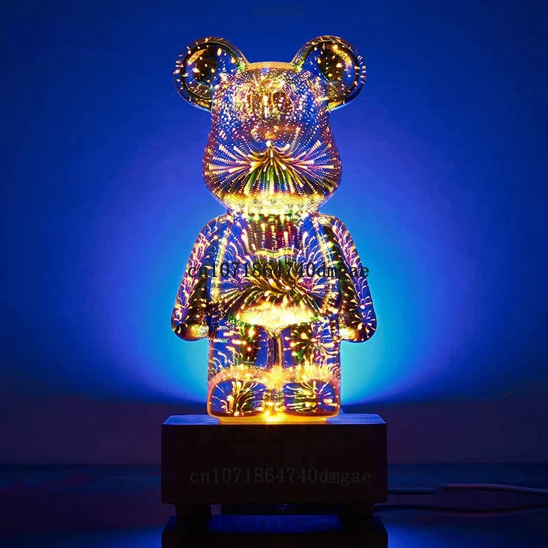 Lampada LED a forma di orso, effetto 3D multicolore, base nera, luce decorativa moderna, ideale per camera da letto o soggiorno.