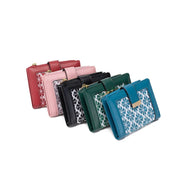 Portafogli in pelle multicolore con motivo floreale, chiusura a zip e bottone, design compatto. Accessorio moda donna elegante e funzionale.