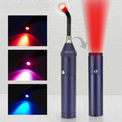 Torcia LED dentale blu con luce rossa, blu e viola, design ergonomico, ideale per studi dentistici. Accessorio professionale per odontoiatria.