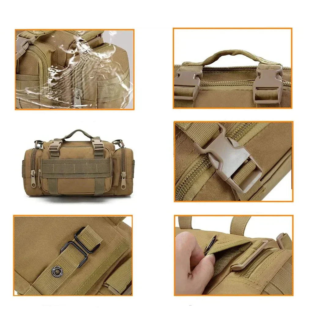 Borsa tattica impermeabile in nylon marrone, con cerniere robuste, fibbie regolabili e manico rinforzato. Ideale per escursioni e attività outdoor.