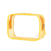 Astuccio trasparente in PVC giallo con cerniera, ideale per cosmetici e articoli da viaggio. Design moderno e pratico per organizzazione efficiente.