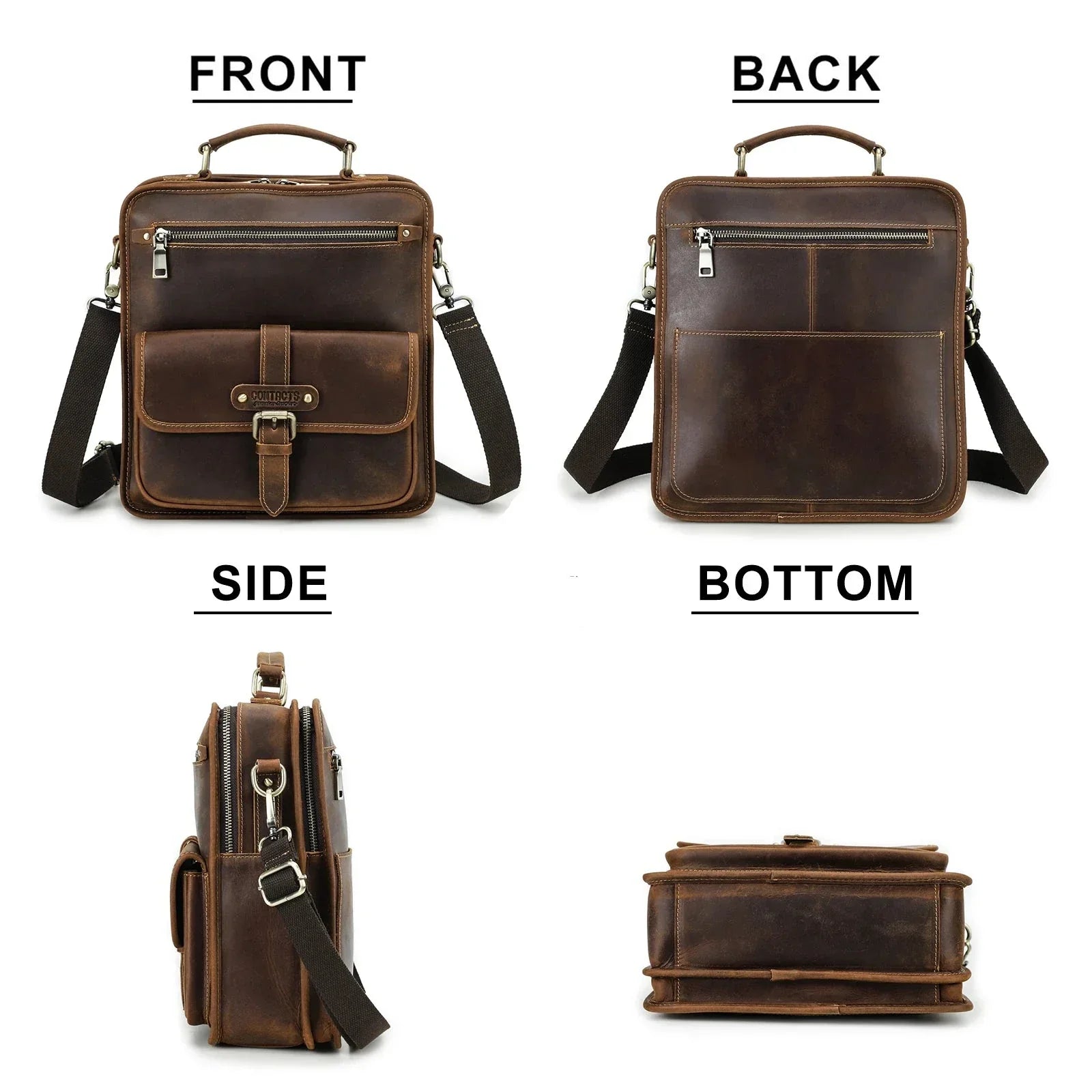 Borsa a tracolla in pelle marrone, vista frontale, posteriore, laterale e inferiore. Design elegante, tasche multiple, ideale per lavoro e viaggio.