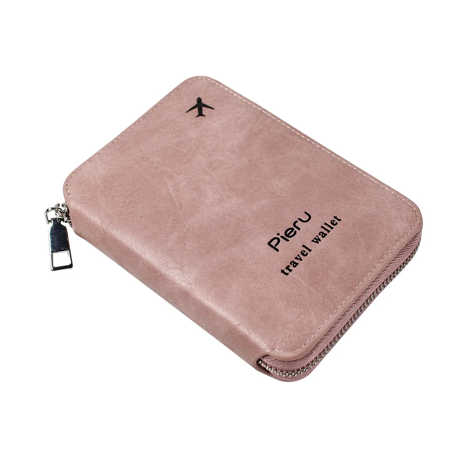 Portafoglio da viaggio in pelle rosa con cerniera, logo "Pieru" e icona aereo. Ideale per documenti e carte, accessorio elegante e funzionale.