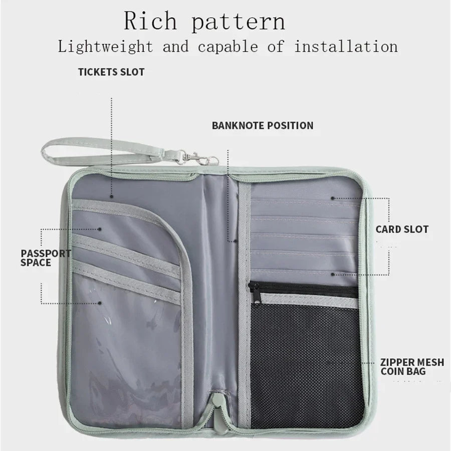 Portafoglio da viaggio grigio con scomparti per passaporto, carte, biglietti e monete. Design leggero, ideale per organizzare documenti in viaggio.