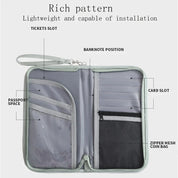 Portafoglio da viaggio grigio con scomparti per passaporto, carte, biglietti e monete. Design leggero, ideale per organizzare documenti in viaggio.