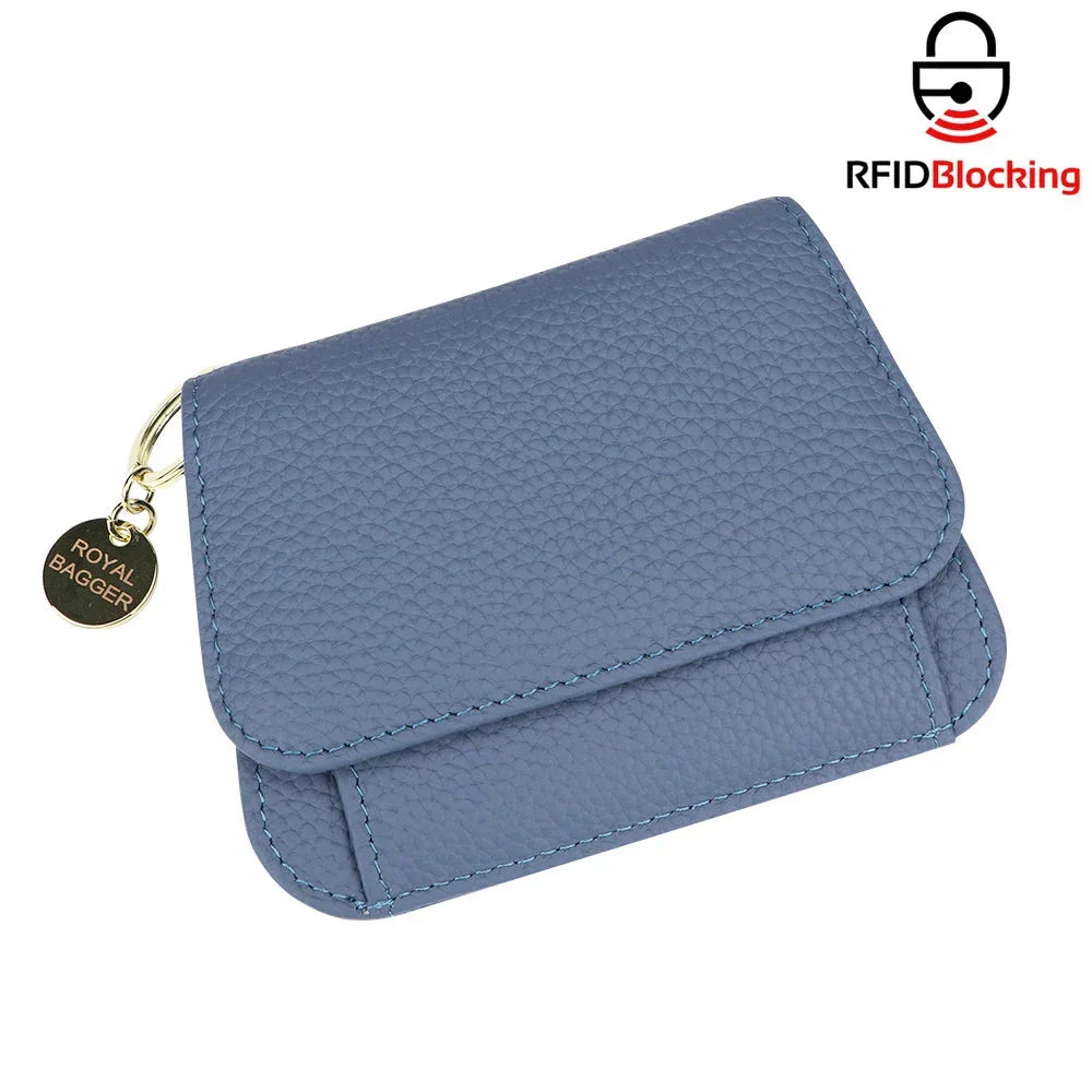 Portafoglio donna in pelle blu con protezione RFID, chiusura a bottone, design compatto, ideale per carte e monete. Accessorio moda elegante.