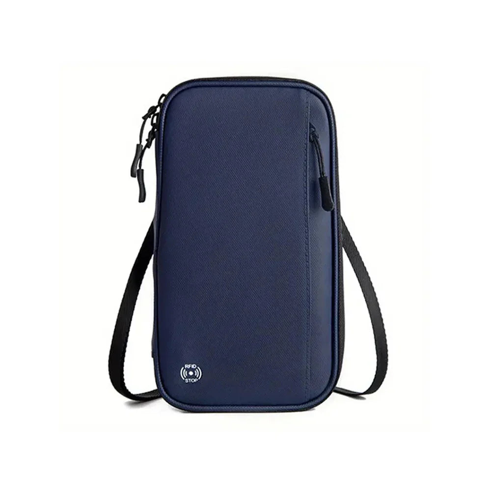 Borsa a tracolla antifurto blu scuro, design compatto, tasca frontale con zip, ideale per viaggi e uso quotidiano. Sicurezza e stile.