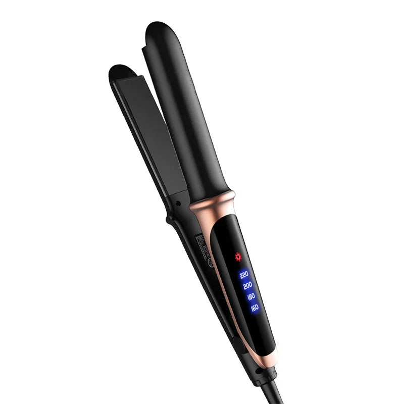 Piastra per capelli nera e oro rosa con display digitale LED, temperatura regolabile, design ergonomico, ideale per styling professionale.
