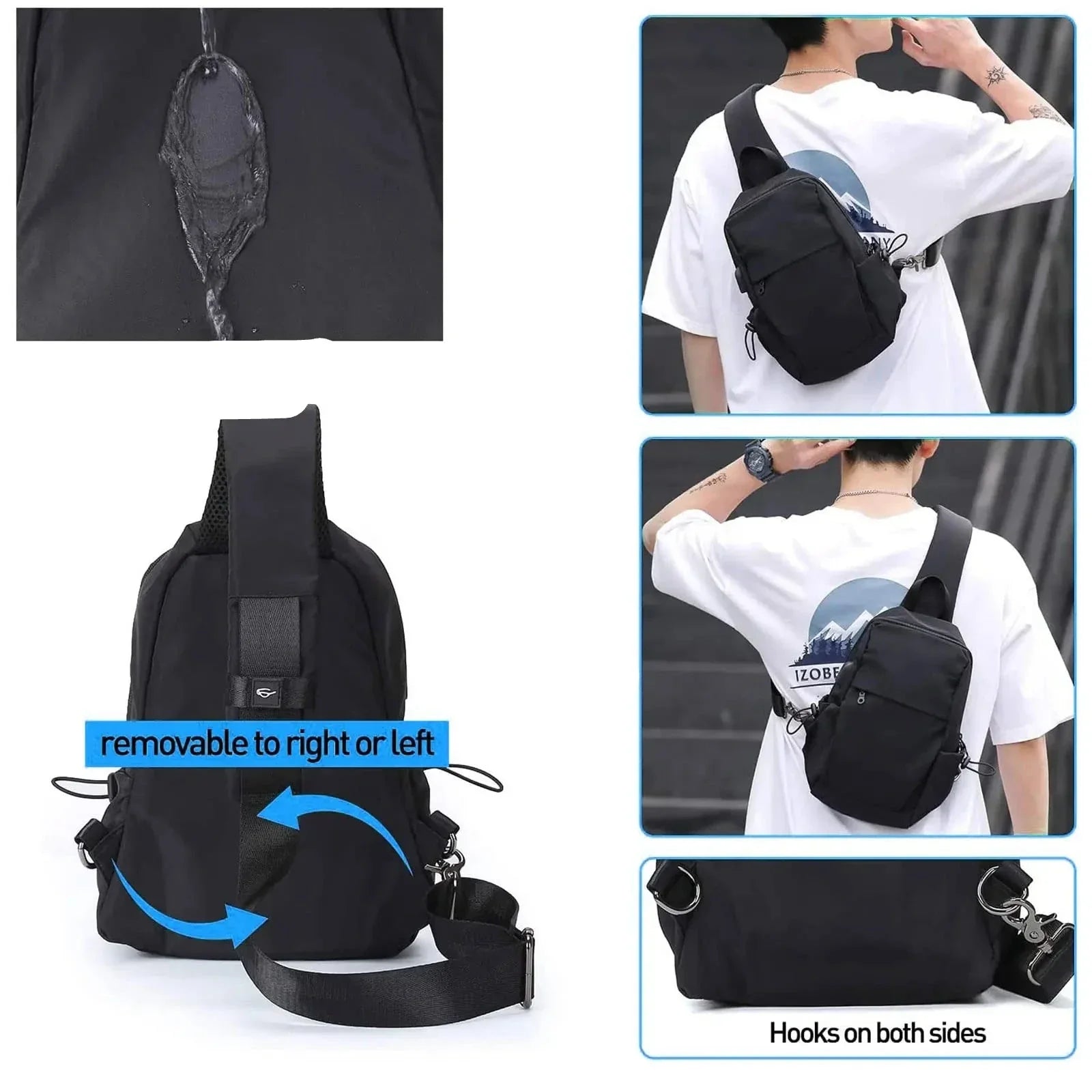 Zaino nero unisex con tracolla regolabile, tasca frontale, ganci laterali, design versatile per uso quotidiano. Adatto per uomo e donna.