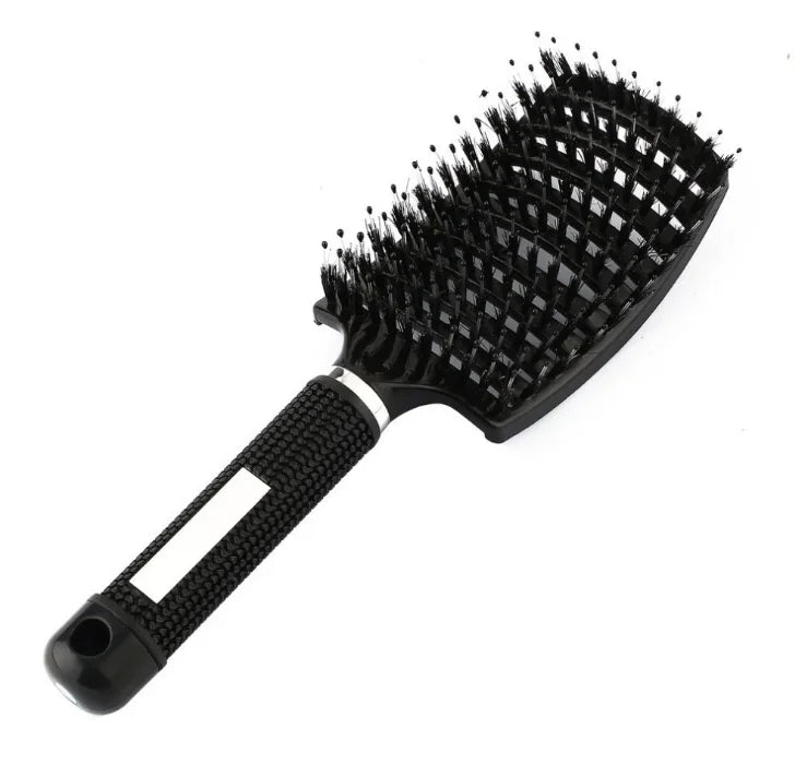 Spazzola per capelli nera con setole morbide e manico ergonomico antiscivolo, ideale per districare e lisciare, accessorio styling professionale.