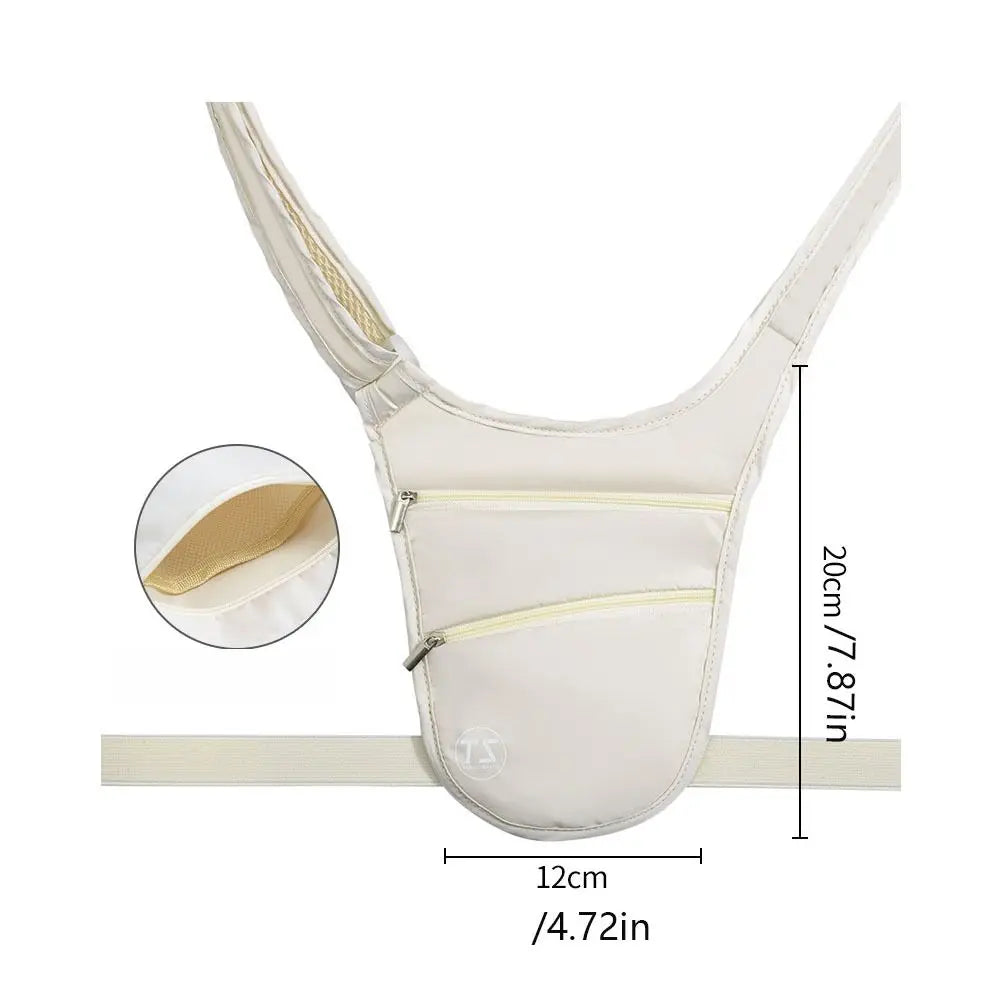 Marsupio antifurto beige con tasche multiple, dimensioni 20x12 cm, ideale per viaggi e sicurezza. Design ergonomico e leggero.