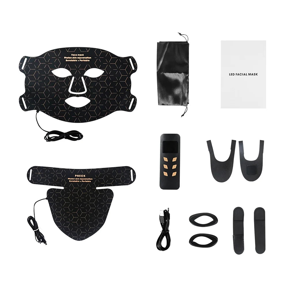 Maschera facciale LED nera con accessori, telecomando, cavi e custodia. Dispositivo per cura della pelle, terapia luce LED, bellezza viso.