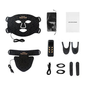 Maschera facciale LED nera con accessori, telecomando, cavi e custodia. Dispositivo per cura della pelle, terapia luce LED, bellezza viso.