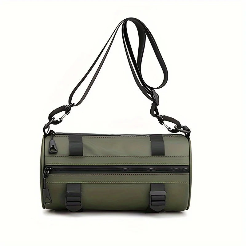 Borsa a tracolla cilindrica verde oliva, design moderno, doppia cerniera, cinturini regolabili, ideale per viaggi e uso quotidiano.
