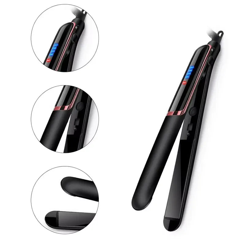 Piastra per capelli nera con display digitale, design ergonomico, controllo temperatura regolabile, ideale per styling professionale e liscio perfetto.
