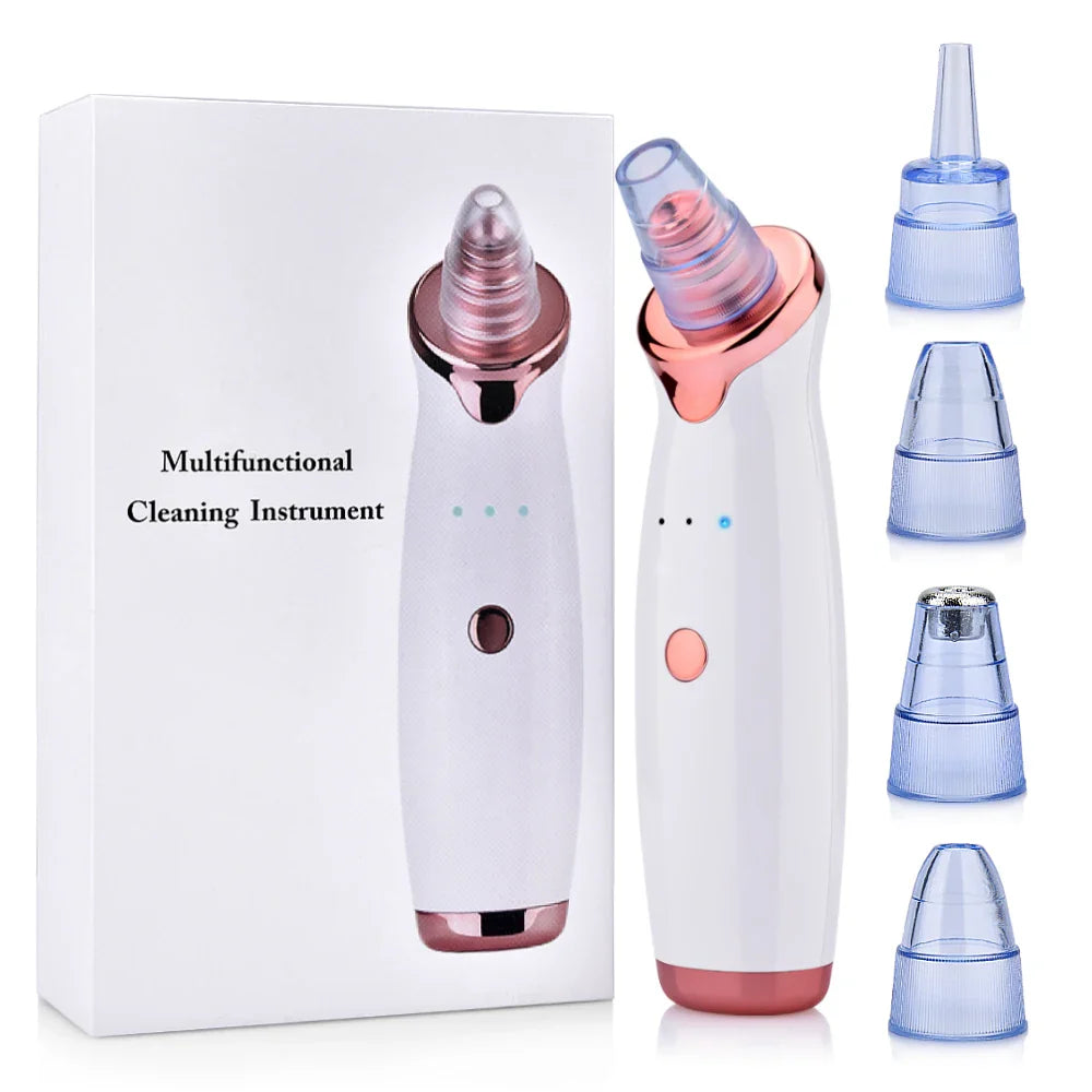 Dispositivo di pulizia viso multifunzionale con testine intercambiabili, design bianco e rosa, confezione inclusa. Strumento skincare avanzato.