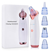 Dispositivo di pulizia viso multifunzionale con testine intercambiabili, design bianco e rosa, confezione inclusa. Strumento skincare avanzato.