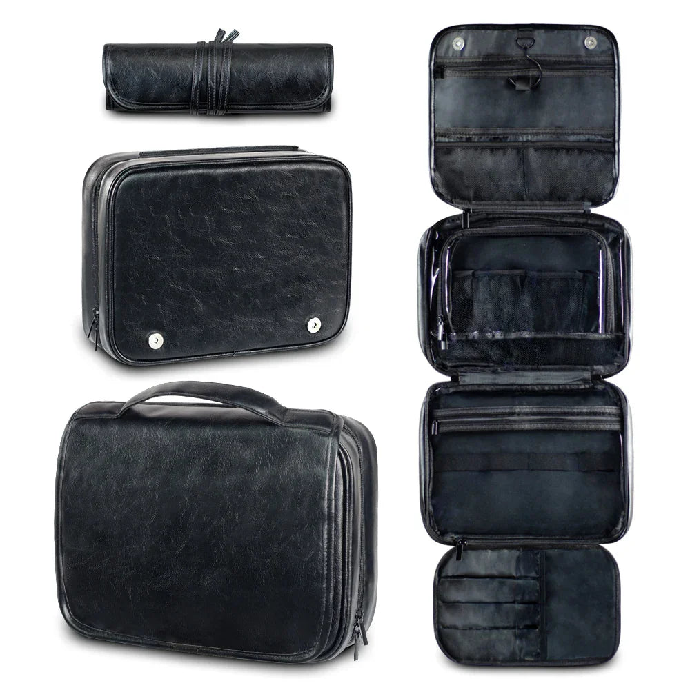 Borsa da toilette in pelle nera, design elegante e compatto, con scomparti multipli e chiusura a zip, ideale per viaggi e organizzazione accessori.