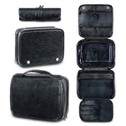 Borsa da toilette in pelle nera, design elegante e compatto, con scomparti multipli e chiusura a zip, ideale per viaggi e organizzazione accessori.