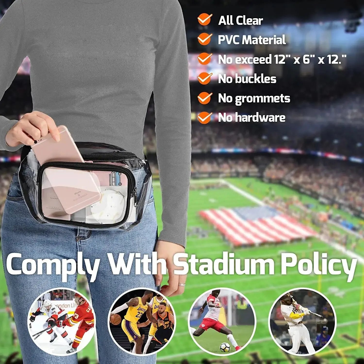 Borsa trasparente in PVC per stadio, dimensioni 12"x6"x12", senza fibbie o ganci, conforme alle normative stadio. Ideale per eventi sportivi.