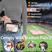 Borsa trasparente in PVC per stadio, dimensioni 12"x6"x12", senza fibbie o ganci, conforme alle normative stadio. Ideale per eventi sportivi.