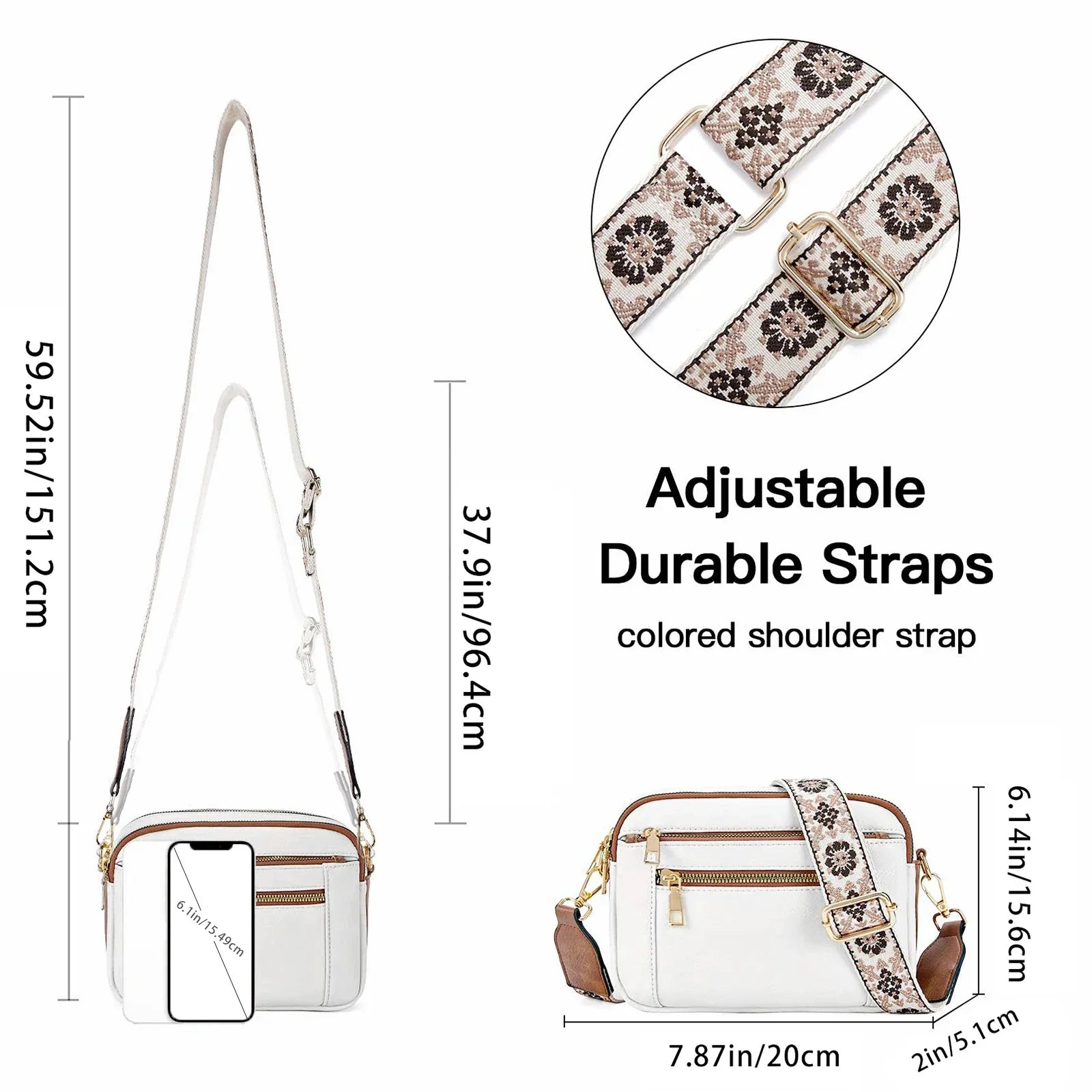 Borsa a tracolla bianca con cinghie regolabili e resistenti, dettagli floreali, tasche multiple, dimensioni 20x5.1x15.6 cm, ideale per moda donna.