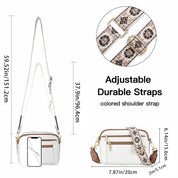 Borsa a tracolla bianca con cinghie regolabili e resistenti, dettagli floreali, tasche multiple, dimensioni 20x5.1x15.6 cm, ideale per moda donna.