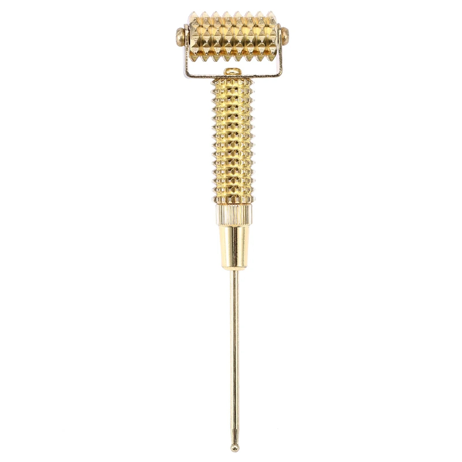 Rullo massaggio dorato, strumento per agopressione, design ergonomico, ideale per rilassamento muscolare e benessere, accessorio benessere.