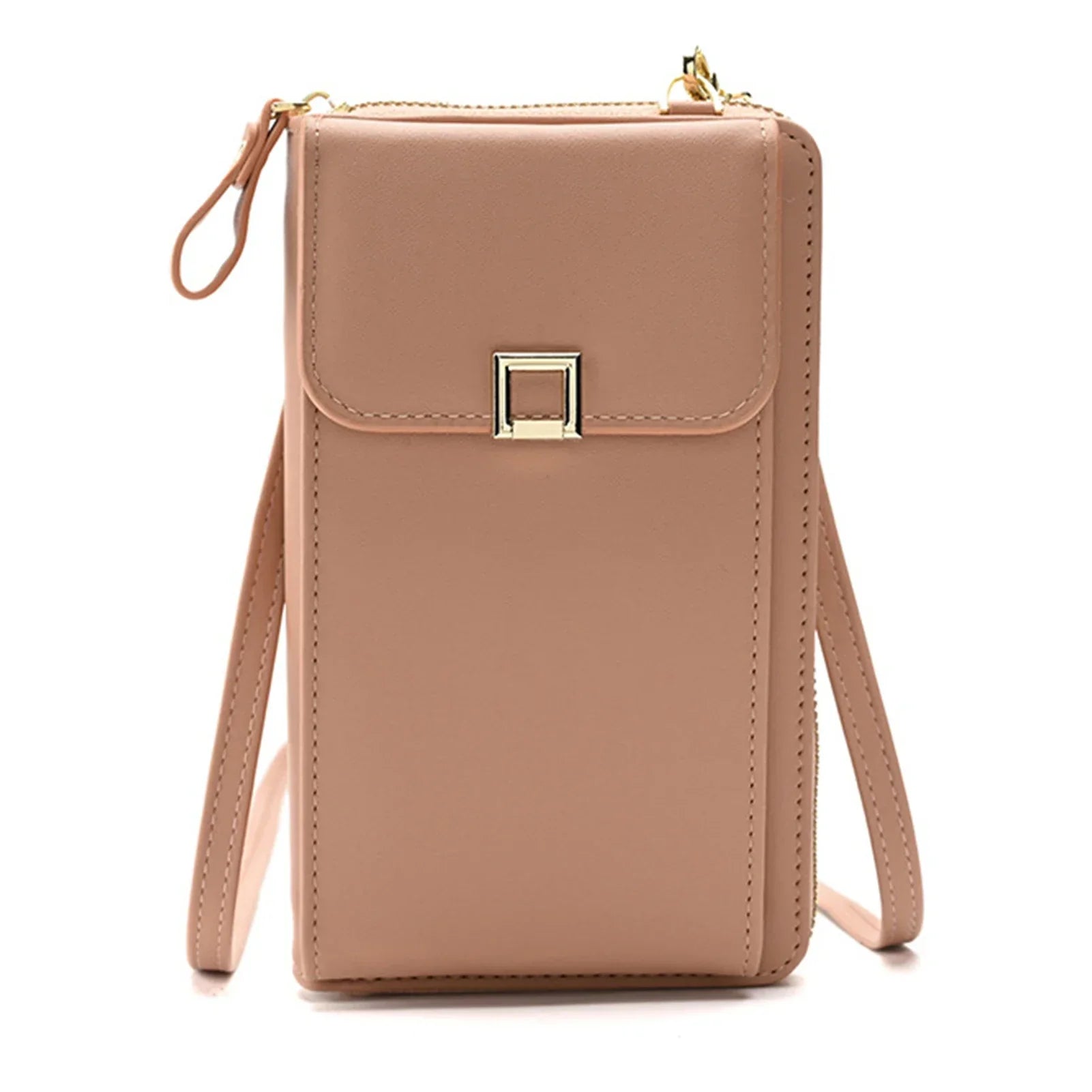 Borsa a tracolla in pelle beige, design elegante e minimalista, chiusura con fibbia dorata, ideale per moda donna e accessori di tendenza.