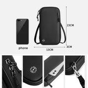 Custodia nera per smartphone con protezione RFID, dimensioni 23x13x3 cm, chiusura a zip, tracolla regolabile, compatibile con vari modelli di telefono.
