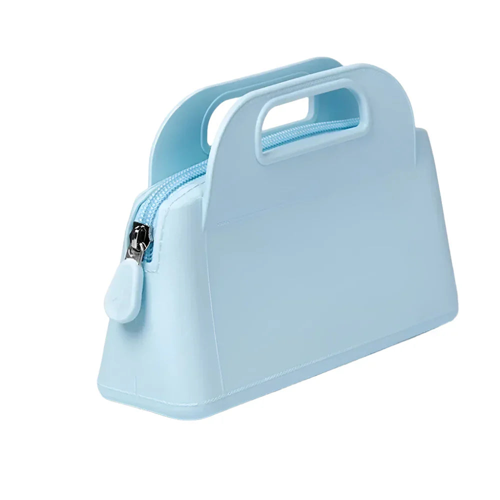 Borsa organizer in silicone azzurro con cerniera, design moderno e manici integrati. Ideale per cosmetici e accessori. Perfetta per viaggi.