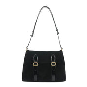 Borsa a tracolla nera in pelle con fibbie dorate, design elegante e moderno, ideale per moda donna, accessorio versatile per ogni occasione.