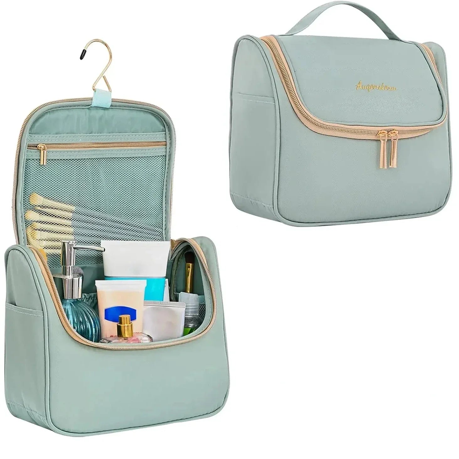 Borsa da toilette da viaggio verde acqua con gancio, tasche multiple e zip, ideale per organizzare cosmetici e articoli da bagno.