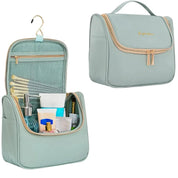 Borsa da toilette da viaggio verde acqua con gancio, tasche multiple e zip, ideale per organizzare cosmetici e articoli da bagno.