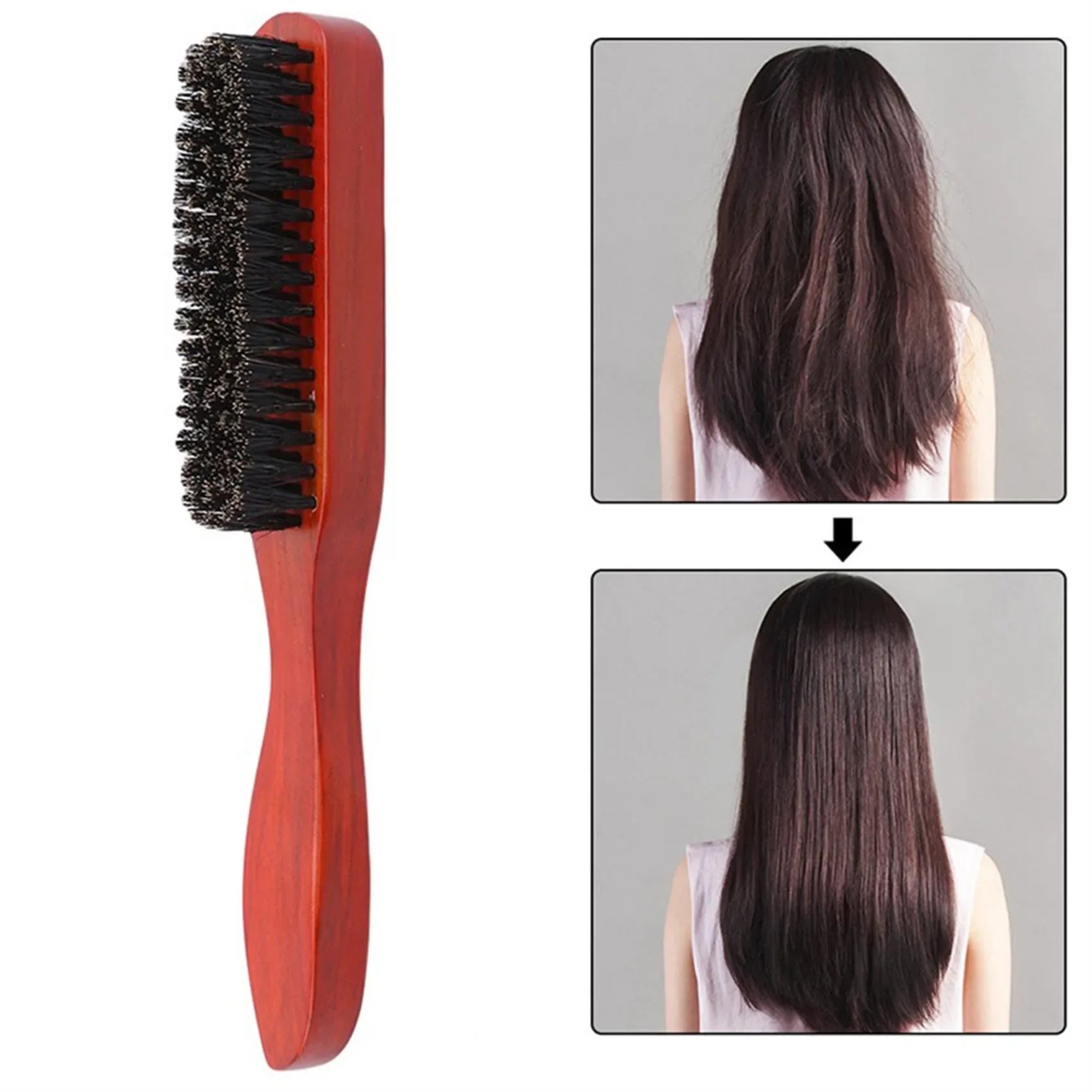 Spazzola per capelli in legno con setole nere, ideale per lisciare e districare. Immagine mostra effetto prima e dopo su capelli lunghi.