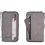 Portafoglio grigio in tessuto con cerniera, tasche esterne per smartphone e carte, design elegante e funzionale, ideale per viaggi e uso quotidiano.