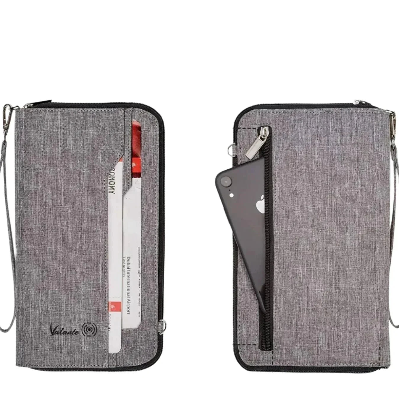 Portafoglio da viaggio grigio con cerniera, tasche esterne per smartphone e documenti, design compatto e resistente, ideale per viaggiatori.