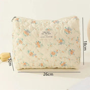 Borsa cosmetica trapuntata floreale, 26x18x7 cm, con cerniera. Design vintage, ideale per trucco e accessori. Tessuto morbido e resistente.