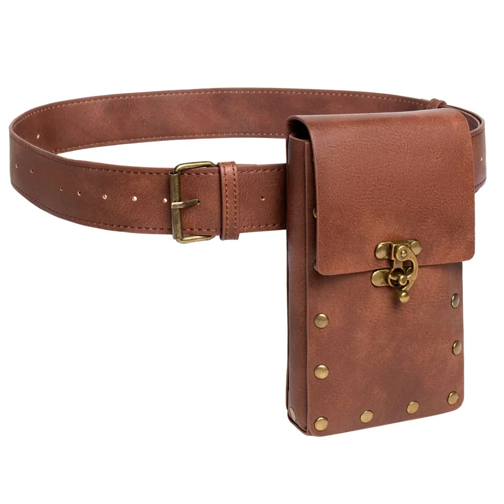 Cintura in pelle marrone con borsa a tracolla, chiusura in metallo dorato, design vintage, accessorio moda unisex, stile retrò elegante.