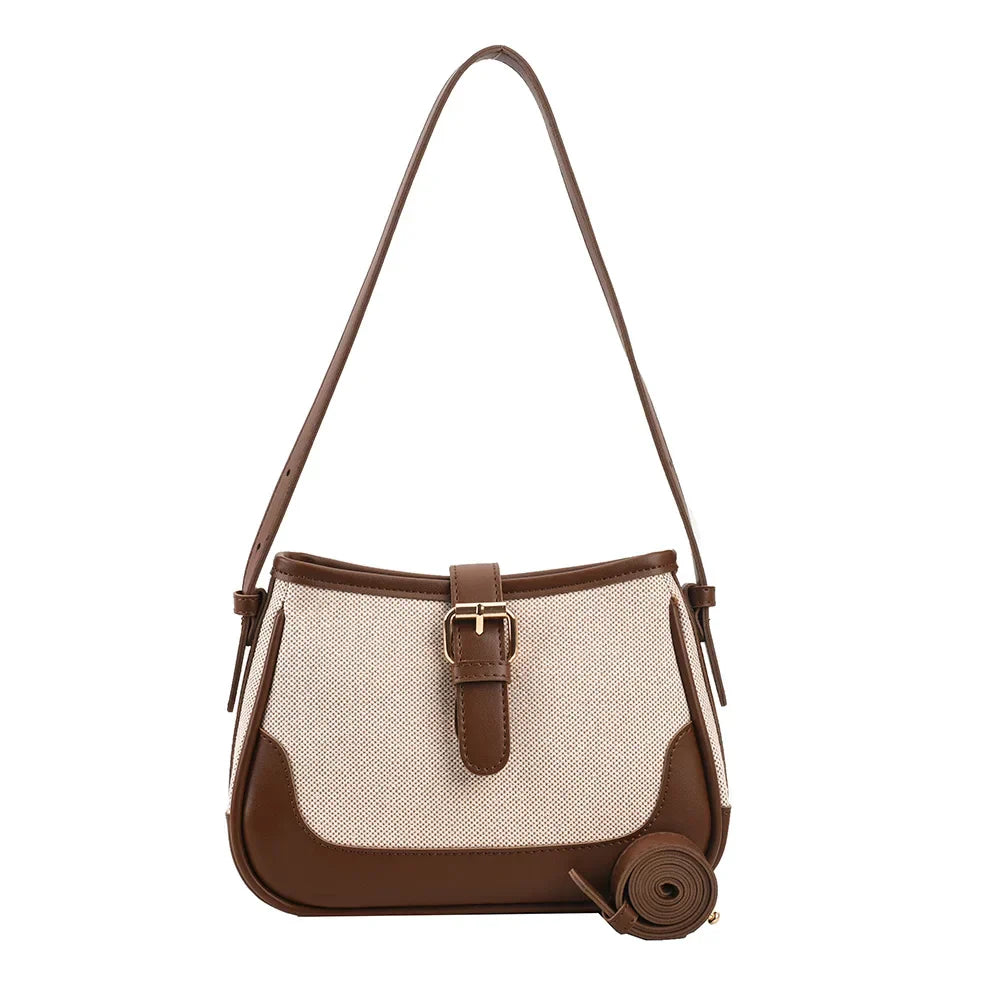 Borsa a tracolla donna in pelle marrone e tessuto beige, design elegante con fibbia, ideale per moda casual e uscite quotidiane.