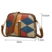 Borsa a tracolla donna in pelle patchwork multicolore, dimensioni 18x14.5x7.5 cm, con tracolla regolabile e chiusura a zip.