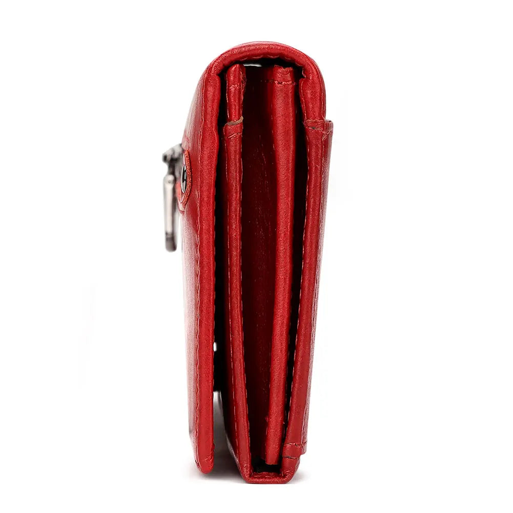 Portafoglio donna in pelle rossa, design compatto, chiusura a zip, elegante e pratico, ideale per carte e contanti. Accessorio moda femminile.