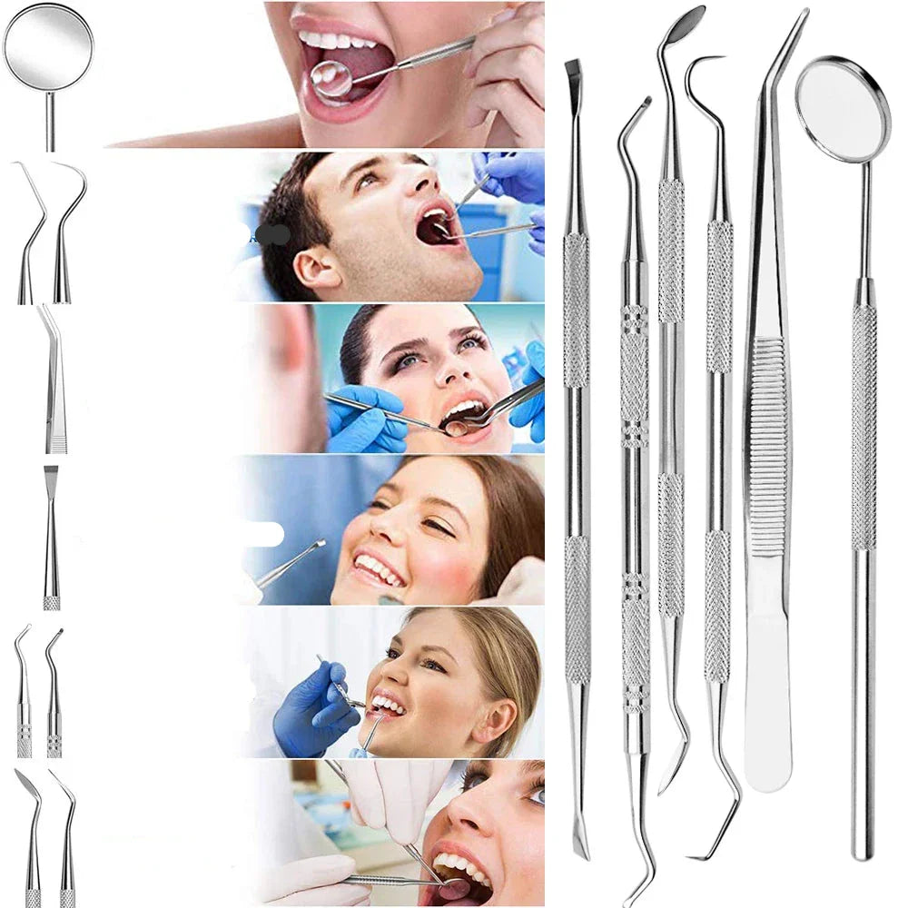 Set di strumenti dentali in acciaio inossidabile, specchietto, sonda, curette, per igiene orale e pulizia dentale professionale, odontoiatria.