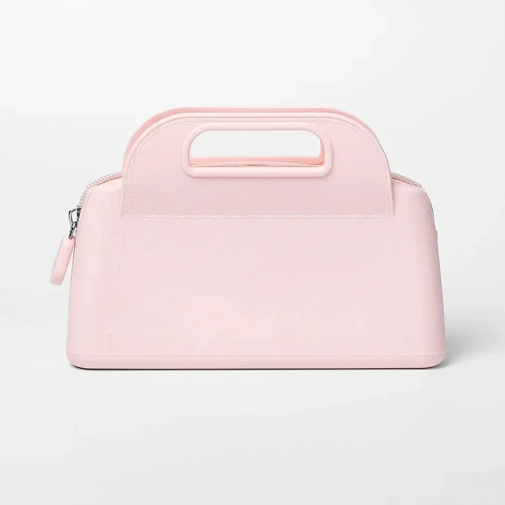 Borsa a mano rosa chiaro in pelle sintetica con manico integrato e chiusura a zip, design elegante e moderno, accessorio moda donna.