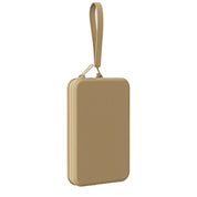 Custodia portafoglio beige in pelle sintetica con cerniera e cinturino da polso, design elegante e compatto, accessorio moda unisex.