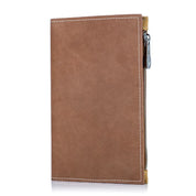 Portafoglio uomo in pelle marrone con cerniera, design elegante e compatto, ideale per carte di credito e contanti. Accessorio moda maschile.