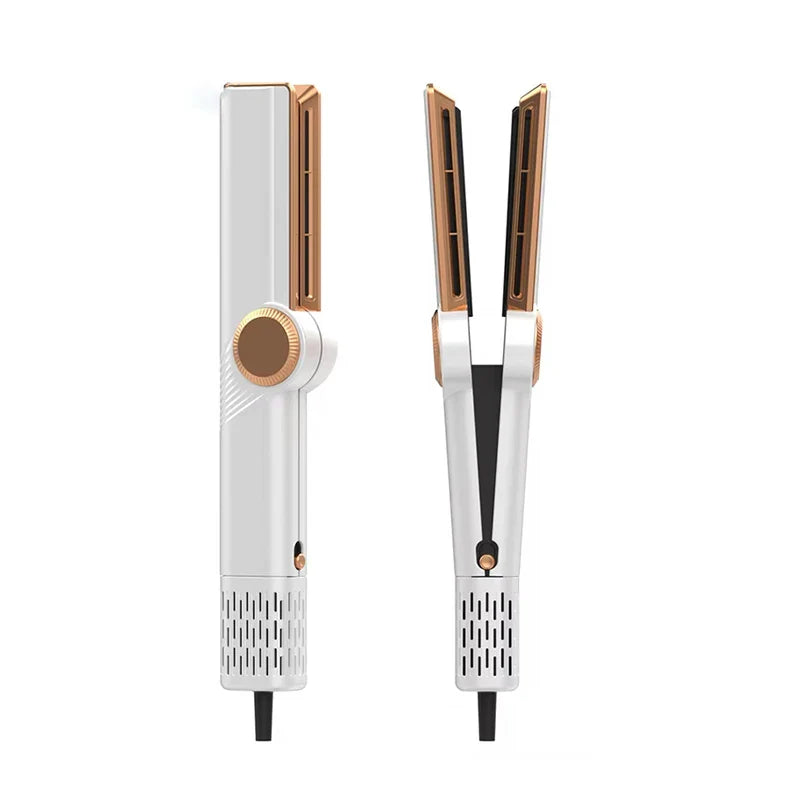 Piastra per capelli bianca e oro, design moderno, doppia vista frontale e laterale. Strumento styling professionale, riscaldamento rapido.